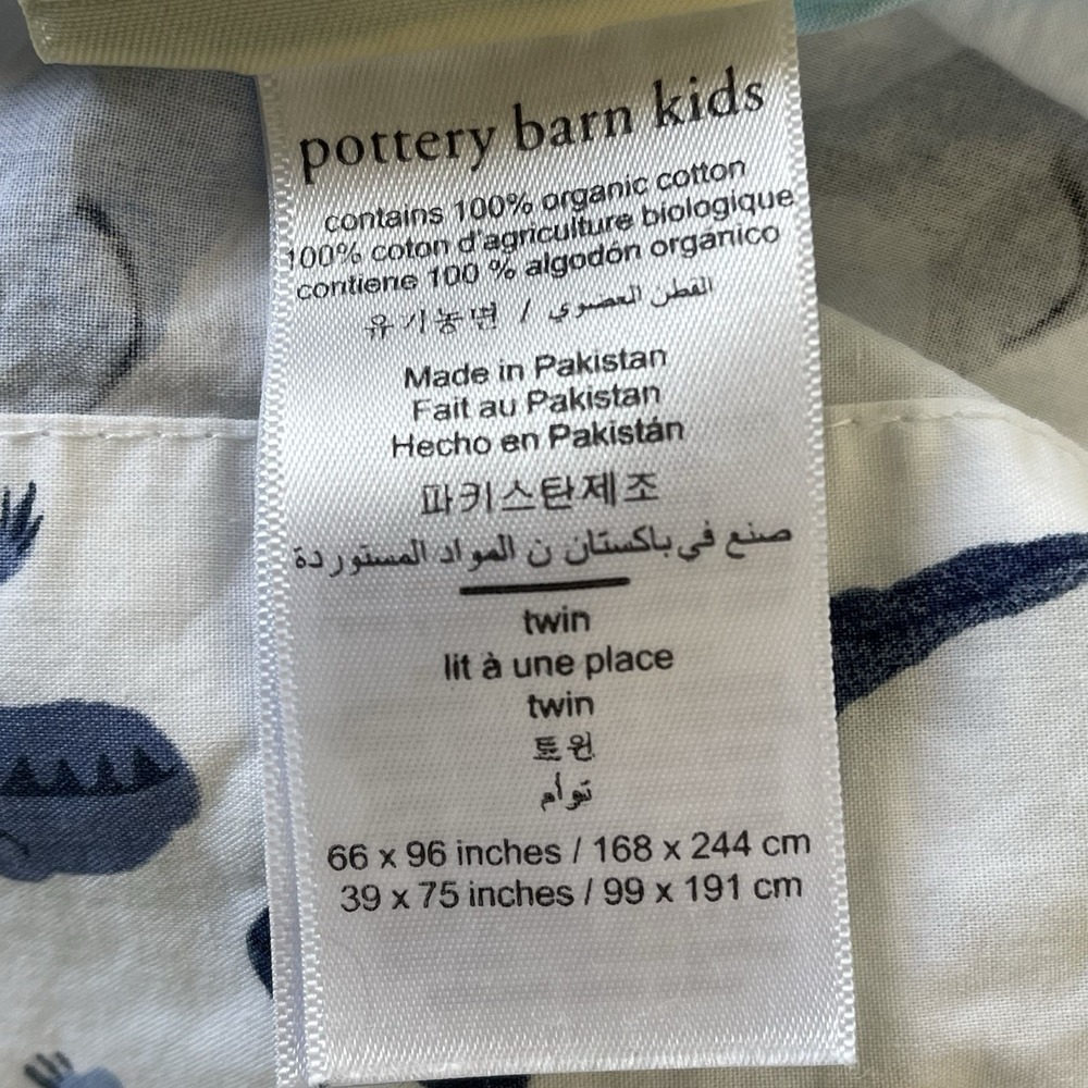 Pottery Barn Kids Warren Dinosaur TWIN FLAT Sheet Organic Cotton White Blue - Picture 5 of 6
